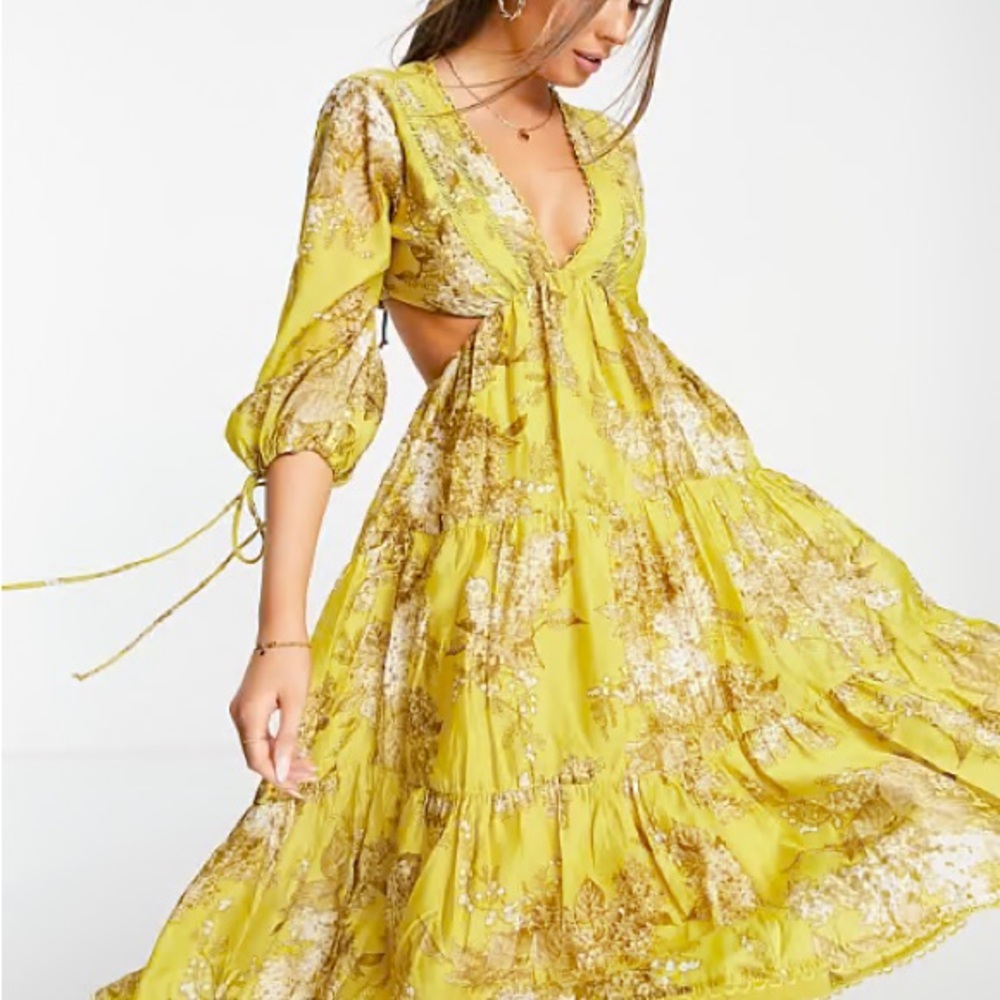 ASOS Yellow Floral Metallic Cut-Out Long Sleeve Maxi Dress